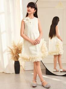 SHEIN Tween Girls Elegant Fitted Handmade Beaded 3D Floral Mesh Organza A-Line Sleeveless Dress, Loose Fit Woven Plain Fabric, Suitable For Wedding, Party, Birthday, Apricot & Champagne Colors