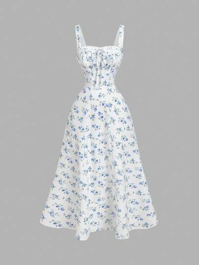 SHEIN MOD 方领蕾丝前片褶皱后系带花裙、派对裙、早午餐裙、度假裙、宴会裙、情人节裙、新年裙、海滩度假装