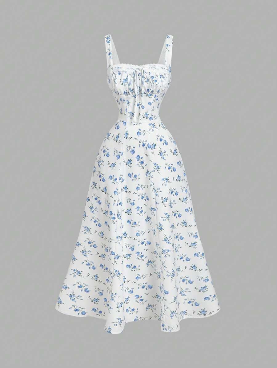 SHEIN MOD 方领蕾丝前片褶皱后系带花裙、派对裙、早午餐裙、度假裙、宴会裙、情人节裙、新年裙、海滩度假装 - 藍白色 - 查看 1