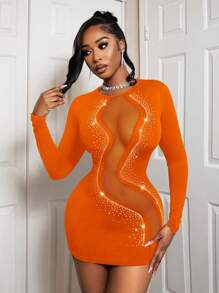BamGleam Snake-Shaped Sexy Rhinestone Black Dress - Burnt Orange - View 1