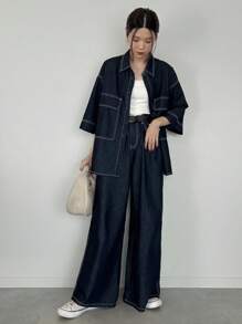 FRIFUL Women's Drop Shoulder Long Sleeve Utility Pocket Single-Breasted Shirt & Jeans Casual 2 Pieces Set Women Summer Clothing Women Plus Clothing Formal Women Jeans Plus Size Women Plus Clothing Business Casual Women Summer Sets