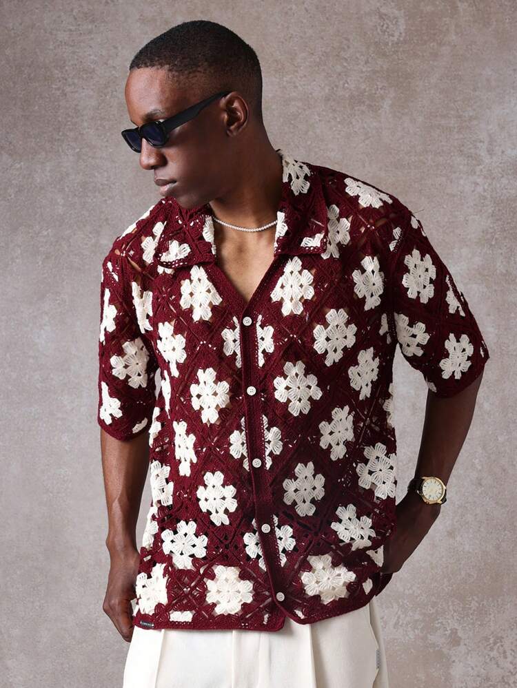 Men Floral Crochet Button Down Cardigan