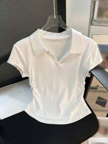 SHEIN Essnce 2pcs/Set Women's Collared Slim Fit Ruched Short Sleeve T-Shirt Suit, Suitable For Summer - Multicolor - View 11