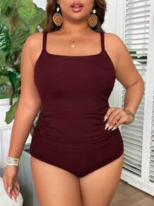 Swim Lushoire Conjunto de tankini de traje de baño con cuello cuadrado en talla grande - Burdeos - Ver 6