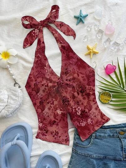 Soleia Fashionable Sexy Red Paisley Printed Halter Backless Tie-Up Twist Hem Slit Cami Top,Rave Top