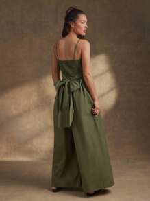 WESTFADE Surplice V Neck Smocked Back Bow Tie Waist Sleeveless Poplin Wide Leg Utility Jumpsuit Fall, Autumn, Winter, Boho, Casual, Cute, Western Wear For Women, Country Outfit - Army Green - View 2