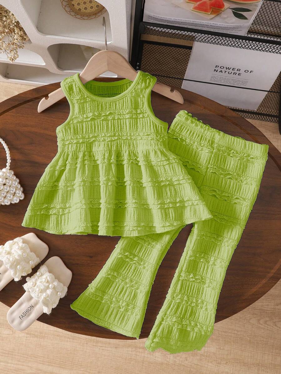 Set vestito a canottiera in maglia con motivo floreale per ragazze, moda estiva - Verde militare - Visualizzare 1
