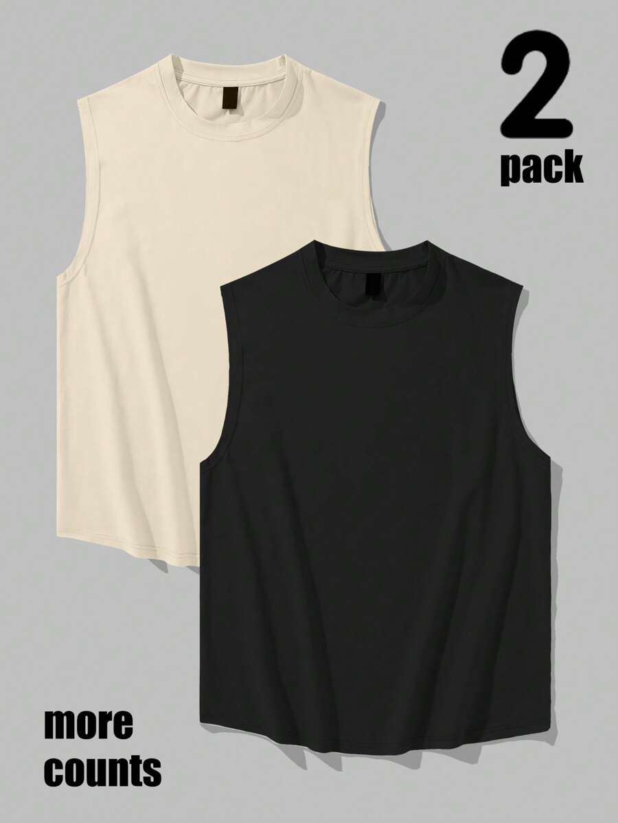 Manfinity Hypemode 2pcs/Set Men's Basic Sleeveless Undershirt, Wide Strap Tank Top, Moisture Wicking Sports Tank Top, Boyfriend Gifts Men Tank Top Pack Muscle Shirts Pack Of T-Shirts - Multicolor - View 1