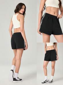 GLOWMODE Soft Comfortable Contrast Color Side Pockets Terry Shorts Daily Casual Wear - Black - View 6