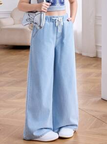 SHEIN Tween Girl Summer Light Washed Drawstring Waist Wide Leg Casual Wide Leg Jeans For Daily Wear, Summer Stretchy Waist Comfortable Wide Leg Pants, Summer Beach Boho Vacation Casual, Rave Concert Festival - Light Wash - View 3