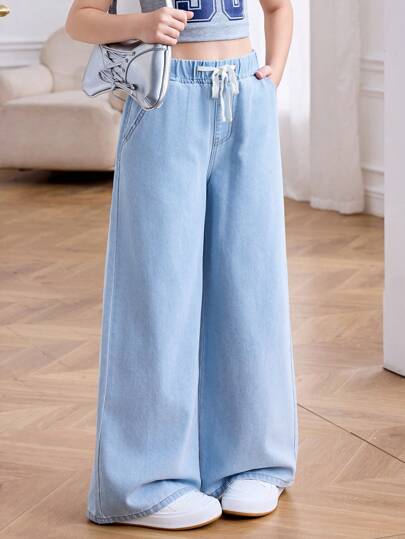 SHEIN Quần jeans ống rộng cạp chun màu xanh nhạt cho bé gái tuổi teen, thích hợp mặc hàng ngày, quần ống rộng thoải mái với cạp chun co giãn, phong cách boho mùa hè, đi biển, nghỉ mát, dự tiệc, lễ hội âm nhạc.