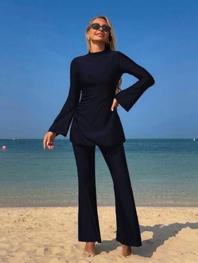 Swim Mulvari Swim Mulvari Women New Solid Color Summer 2 Pieces Set High Neck Long Sleeve Ruched Flared Cuff Cinched Waist Modest Vacation Sun Protection Beachwear