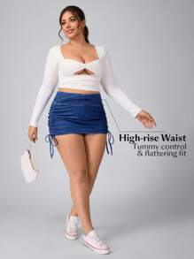 Flexra Plus Size Women's Drawstring Stretchy Knit Side Denim Mini Skirt - Blue - View 7