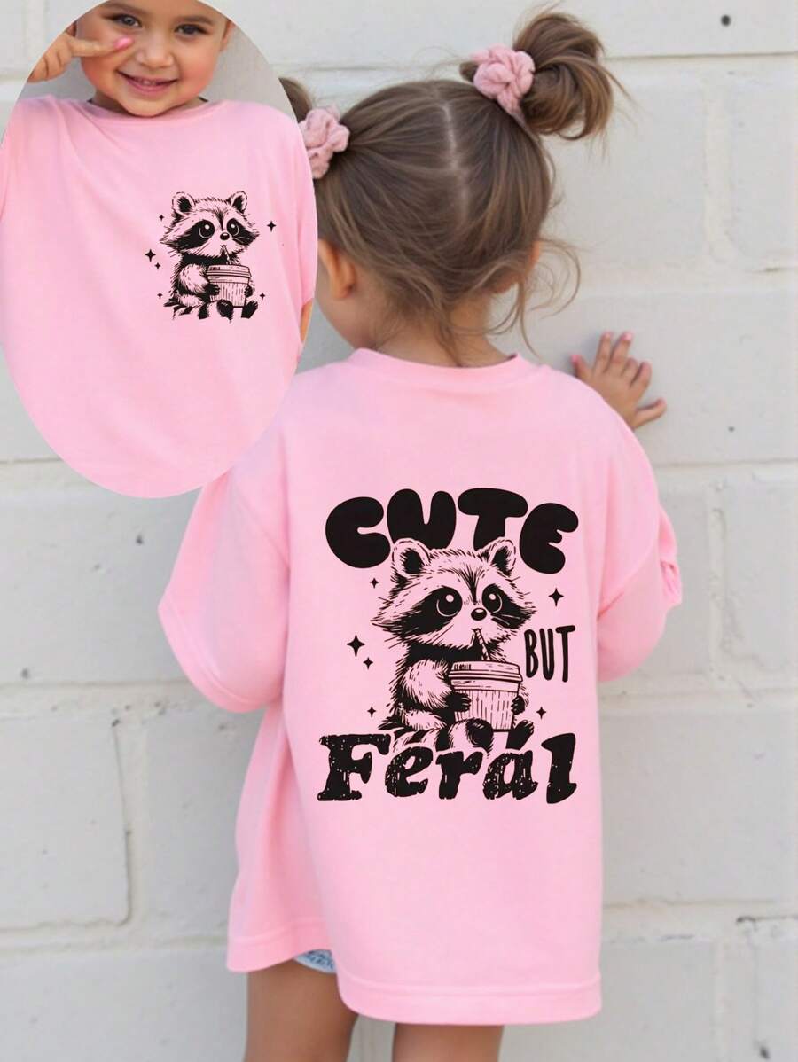 SHEIN Playful Pals 女婴春夏休闲可爱浣熊与波霸茶字母“CUTE BUT FERAL”印花短袖 T 恤 - 粉色 - 查看 1
