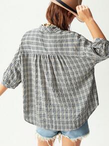 Bohemela Casual Woven Plaid Short Sleeve Loose Fit Blouse For Women