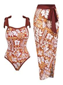 Swim Oasis Plus Size New Fashion Women Multicolor Printed Bandeau Monokini Slim-Fit One-Piece Swimsuit, Mesh Cover Up Wrap Skirt With Tie-Up Vacation/Casual Beachwear For Summer - Multicolor - View 1