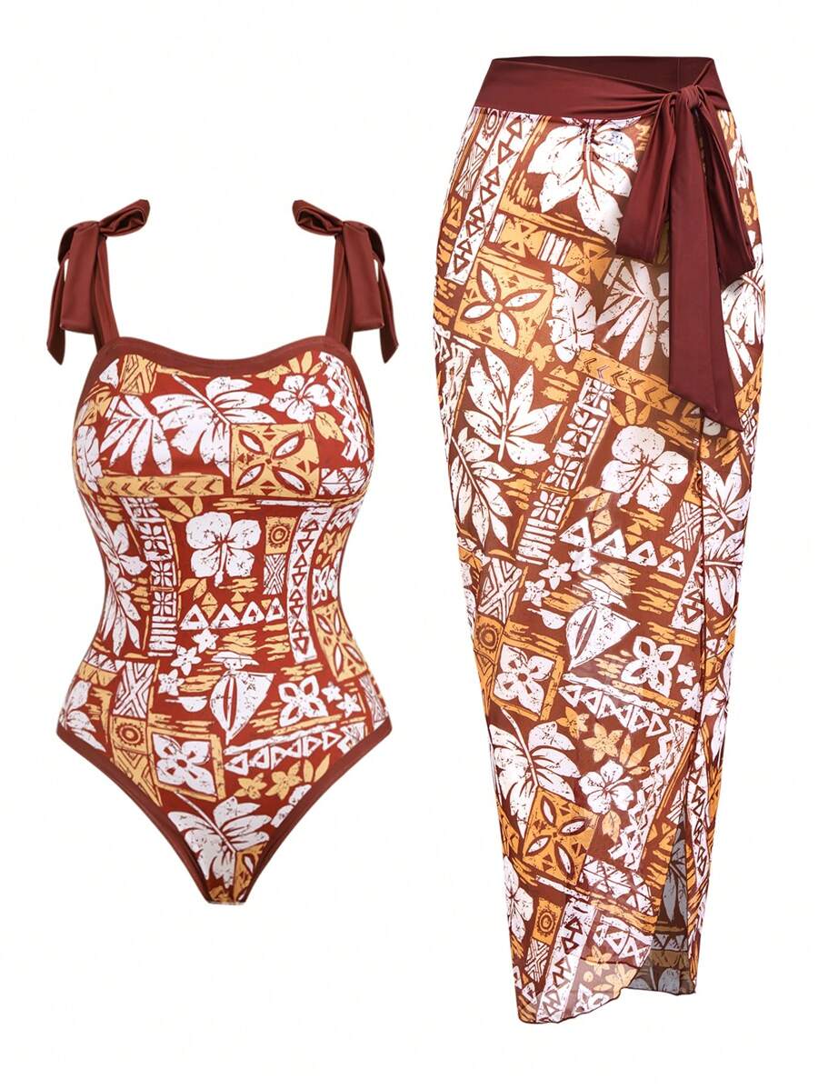 Swim Oasis Plus Size New Fashion Women Multicolor Printed Bandeau Monokini Slim-Fit One-Piece Swimsuit, Mesh Cover Up Wrap Skirt With Tie-Up Vacation/Casual Beachwear For Summer - Multicolor - View 1