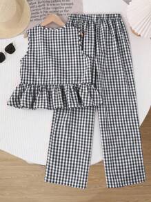 SHEIN Leap Crew 青少年女孩格子交叉蝴蝶结无袖上衣和阔腿裤两件套 - 黑與白 - 查看 2