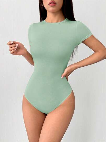 SHEIN PETITE 夏季休闲纯色短袖紧身衣