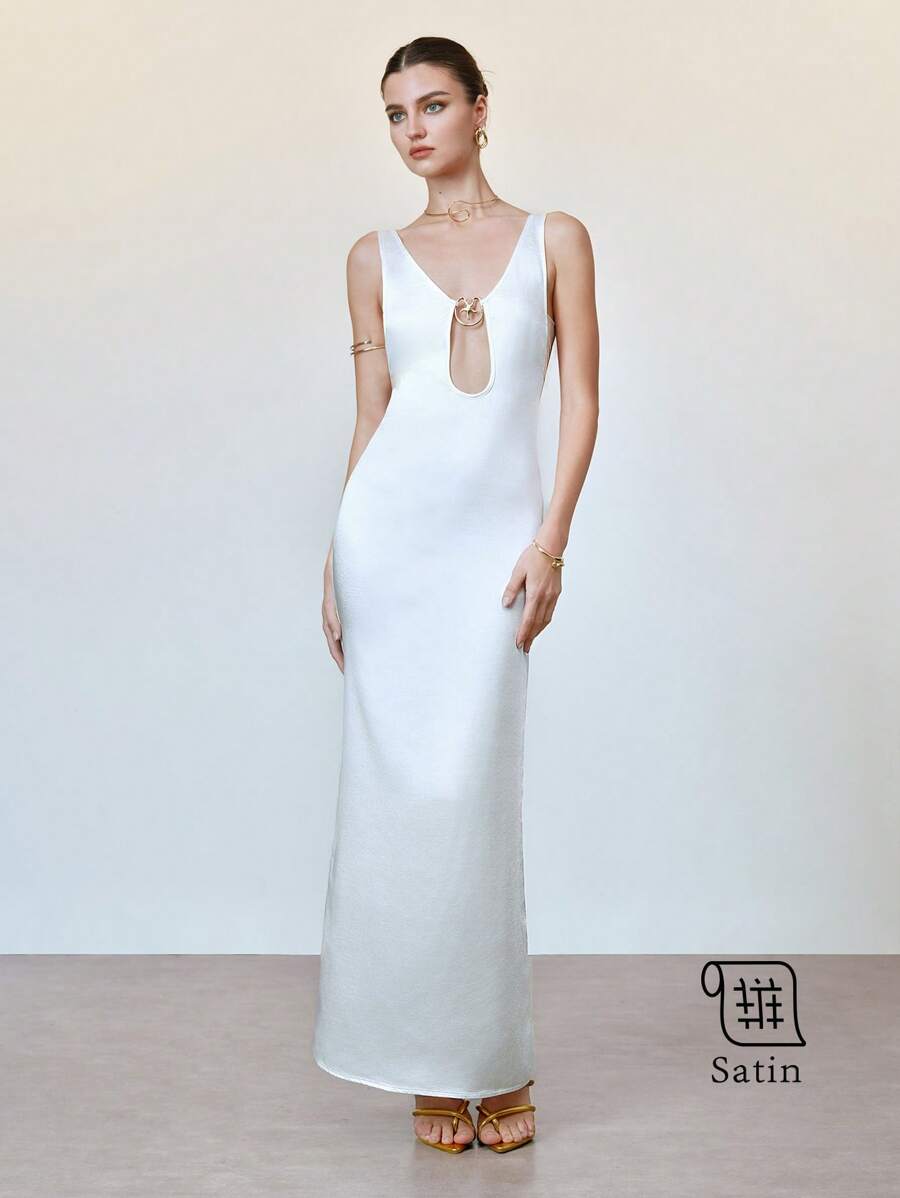 Chiquease Elegante abito in satin setoso simile alla seta, scollo a V profondo e senza maniche, elegante e sensuale abito da festa primaverile/estivo per donna - Bianco - Visualizzare 1