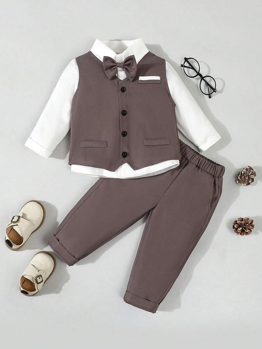 SHEIN 2 Pieces Baby Boy Formal Outfit Set, Including Vest And Pants, Excluding Shirt - Multicolor - View 1