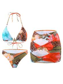 Zolique Women's Vacation Sexy Leopard Print Bodycon Three Pieces Casual Elegant Swimsuit For Summer - Multicolor - View 7