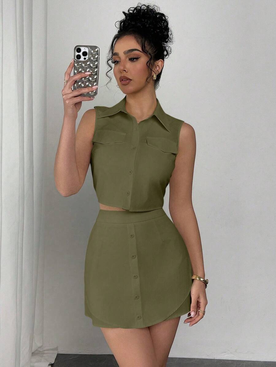 Chiquease 2pcs/Set Solid Collared Sleeveless Top And Mini Skirt - Army Green - View 1