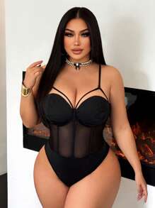 SHEIN SXY Camiseta de tirantes de mujer talla grande de malla negra con parches, adecuada para la calle, casual, sexy, viajes diarios, compras, citas; fresca y cómoda de llevar, fácil de combinar y estiliza la figura, resalta la silueta