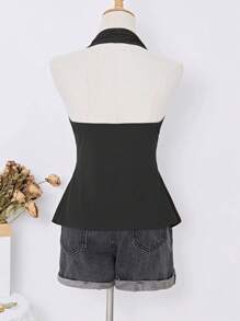 Elamini Women's Retro Bohemian Halter Neck Top, Spring/Summer - Black - View 2