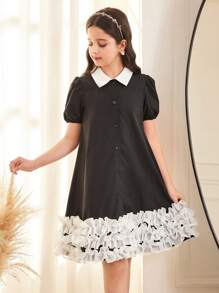 SHEIN Tween Girl Casual Color Block Peter Pan Collar Short Sleeve A-Line Dress