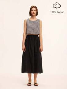 SHEIN Unity 2 pièces Ensemble décontracté de vacances pour femmes, top court carreauté en polyester/coton et jupe longue en coton pur, décontracté et confortable - Noir - Voir 1
