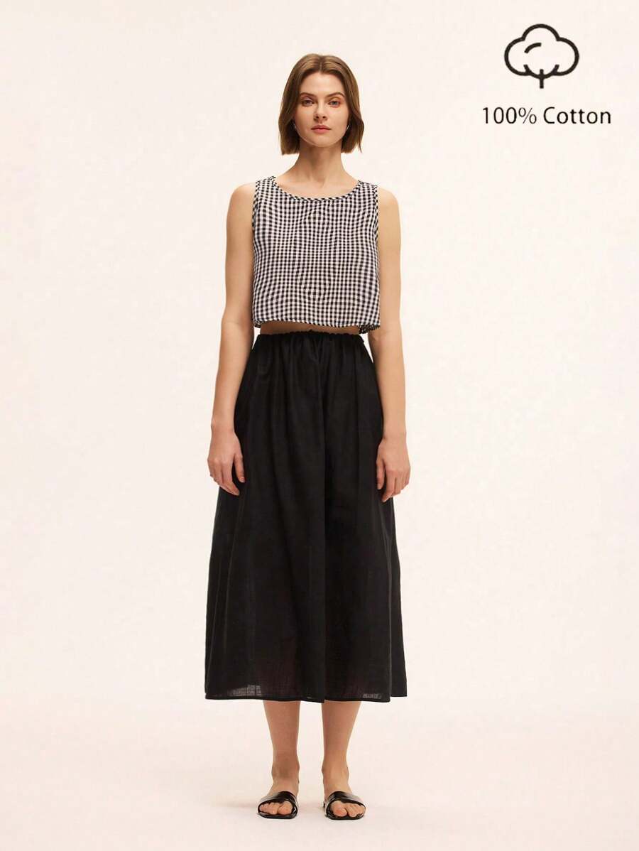 SHEIN Unity 2 pièces Ensemble décontracté de vacances pour femmes, top court carreauté en polyester/coton et jupe longue en coton pur, décontracté et confortable - Noir - Voir 1