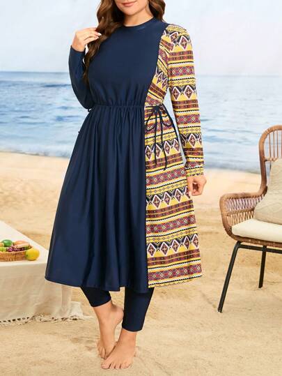 Swim Mulvari 大码女式 2 件套波西米亚风格印花宽松长袖长裙和长裤泳衣套装，蓝色朴素时尚休闲度假