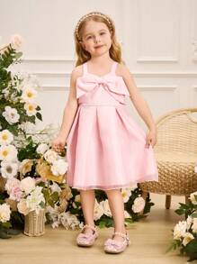 SHEIN Glamorique Kids Vestido de dama de honor con flores para niñas, vestido de niña de las flores, elegante, con moño, vestido de verano para niñas, adecuado para ocasiones formales, eventos, actuaciones en el escenario y recitales de piano - Rosa - Ver 5