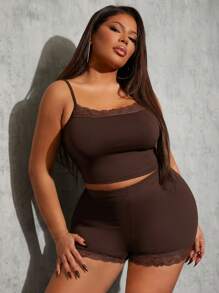 SHEIN SXY Plus Size Women 2Pcs Set Solid Color Casual Versatile Lace Patchwork Spaghetti Strap Tank Top & Shorts Sets, Suitable For Everyday Wear - Brown - View 4