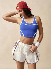 VARSITIE Summer Casual Contrast Color Trim Crop Sports Tank Top - Blue - View 9