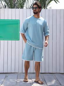 DAZY Summer Men Blue Splice T-Shirt Set - Blue - View 3