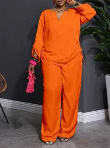 Slaydiva 2pcs Plus Size Casual Solid Color Notched Collar Long Sleeve & Pants Set, Western Wear For Women