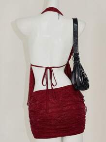 SHEIN ICON 2pcs Going Out Summer Red Flowy Women Set: Lace Trim Racerback Camisole Tank Top + Mini Skirt With Slit - Burgundy - View 2