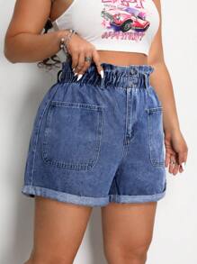 SHEIN EZwear Plus Size Women Ruffle Hem Pocket Loose Wide Leg Casual Denim Shorts