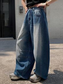 DAZY Calça jeans feminina folgada, casual, estilo harem, com detalhes franzidos e jeans largo - Lavagem Média - Ver 3