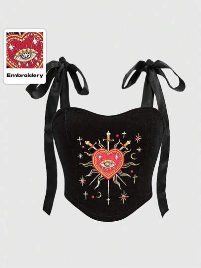 Goth Top corto con ata delantero de estilo gótico, bordado con corazón, con cristales de piedras preciosas en forma de lágrima y estrella