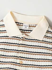 SHEIN Tween Boy 休闲经典条纹领短袖衬衫，通勤、上学、日常穿着、运动皆宜，适合春夏季 - 杏色 - 查看 3