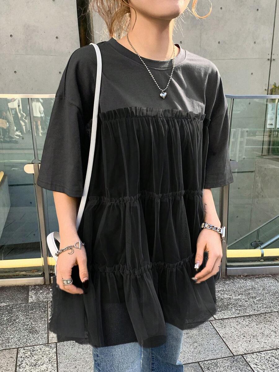 FRIFUL Women's Contrast Color Mesh Splicing T-Shirt, 2 In 1 - Black - View 1