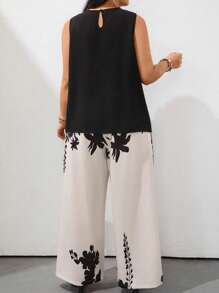 EMERY ROSE 2pcs Ladies' Summer Chiffon Ruffle Front Sleeveless Top And Wide Leg Printed Pants Casual Suit - Black - View 2