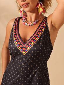 SHEIN Clasi Flowers Birds Plus Size Women Botanical Print V-Neck Sleeveless Wide Leg Jumpsuit - Multicolor - View 1