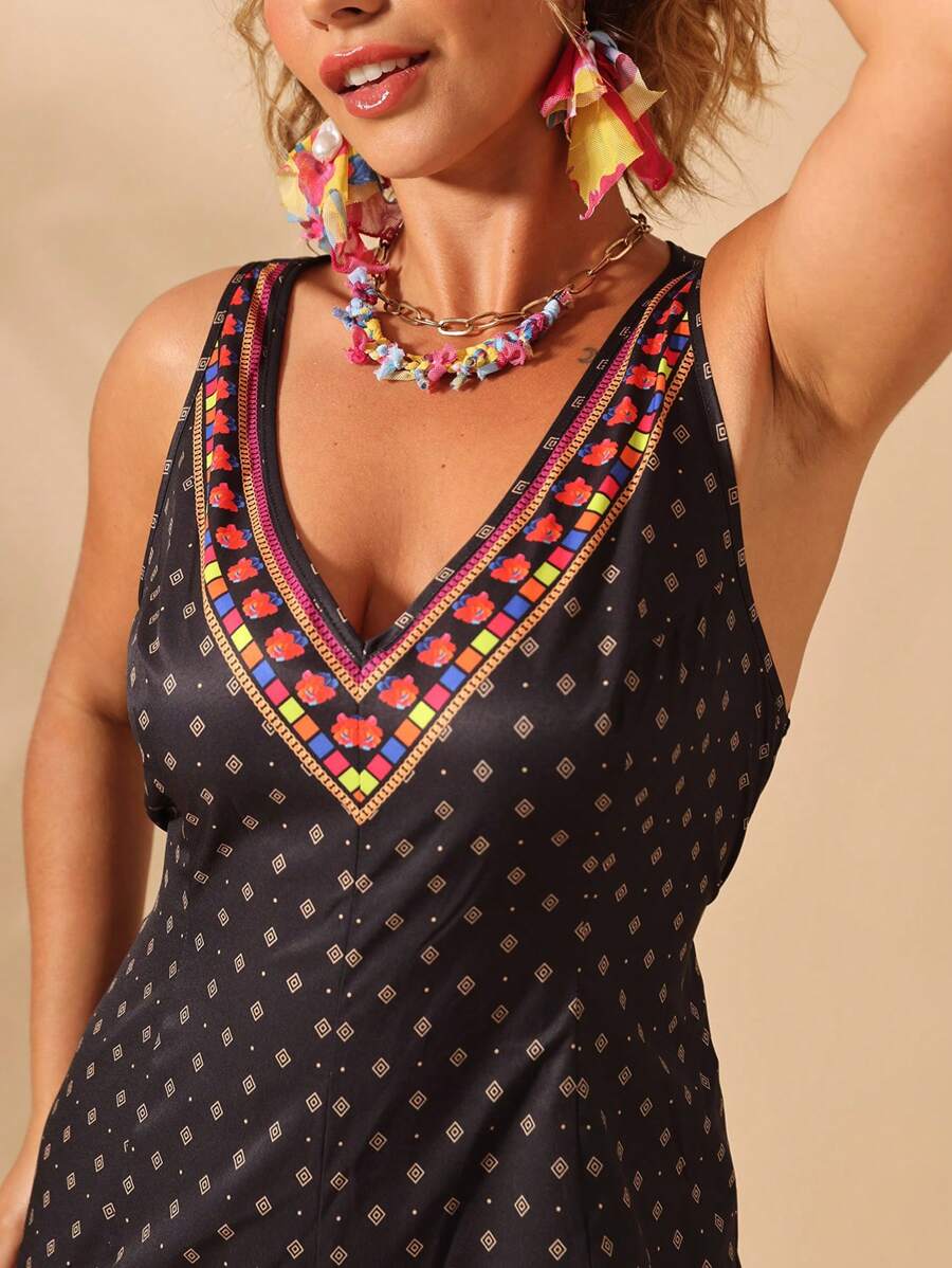 SHEIN Clasi Flowers Birds Plus Size Women Botanical Print V-Neck Sleeveless Wide Leg Jumpsuit - Multicolor - View 1