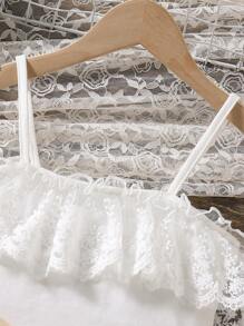 青少年女孩对比色蕾丝荷叶边下摆吊带背心和迷你裙两件套 - 卡其色 - 查看 3