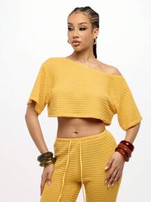 SUMWON WOMEN Áo choàng hở vai trễ vai, dáng rộng, chất liệu dệt kim tổ ong, đồ mặc ở nhà, đồ bơi đi biển, kỳ nghỉ hè - Màu vàng - Xem 5