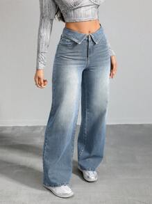 SHEIN Tall 女士牛仔裤 休闲直筒长裤 蓝色 女士宽松牛仔裤 女式高腰裤子 低腰宽松牛仔裤 - 淺色水洗藍 - 查看 5